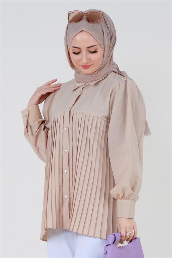 قميص بأمام مجعد - بيج
