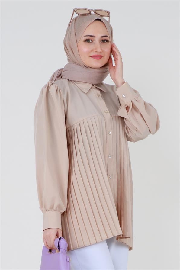 قميص بأمام مجعد - بيج