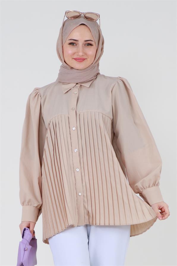 قميص بأمام مجعد - بيج