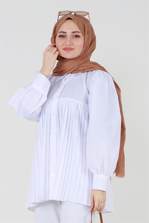 قميص بأمام مجعد - أبيض