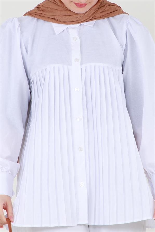 قميص بأمام مجعد - أبيض