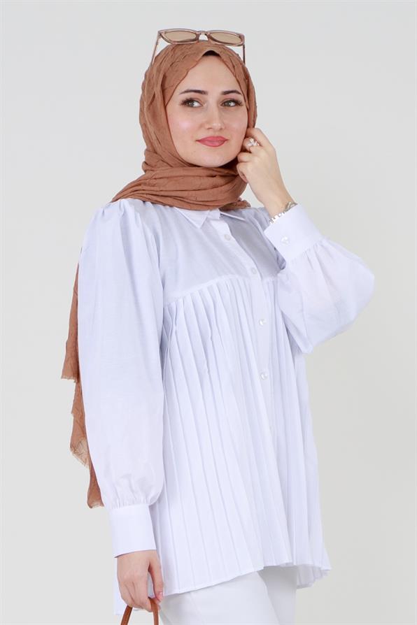 قميص بأمام مجعد - أبيض