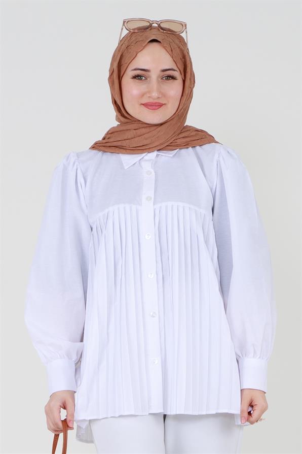 قميص بأمام مجعد - أبيض