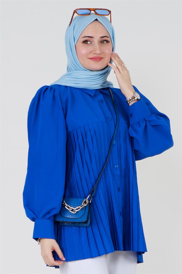 Saxe Blue shirt with pleats at the bottom