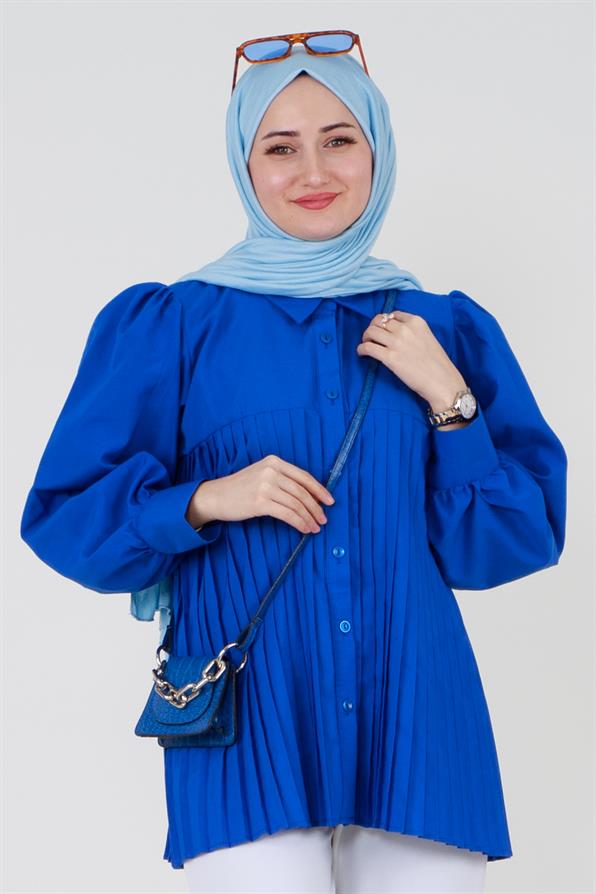 Saxe Blue shirt with pleats at the bottom