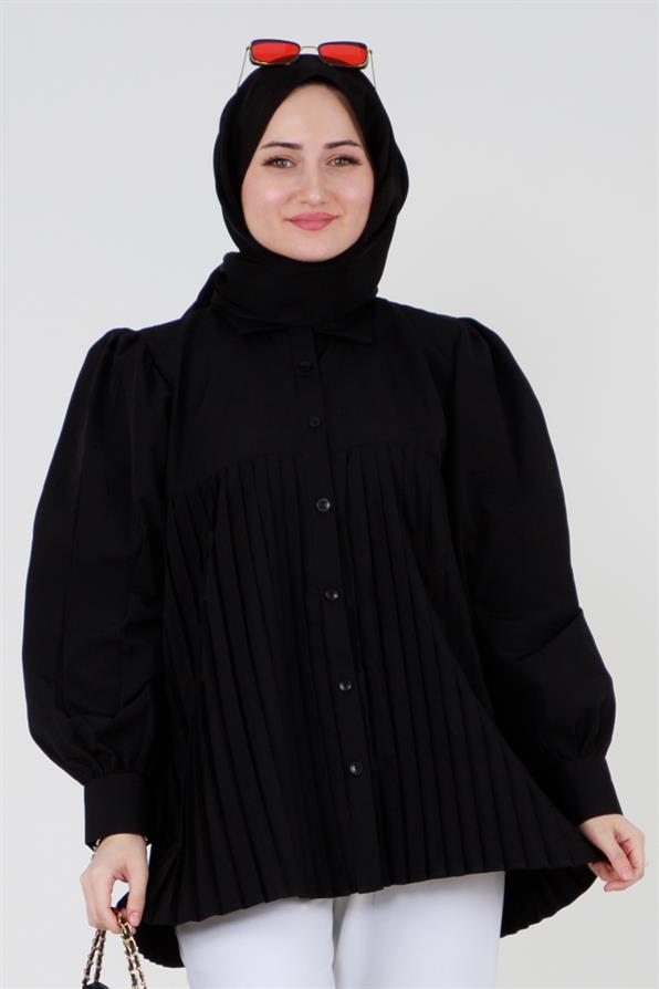 قميص بأمام مجعد - أسود