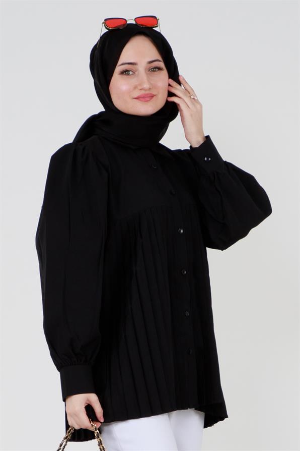 قميص بأمام مجعد - أسود