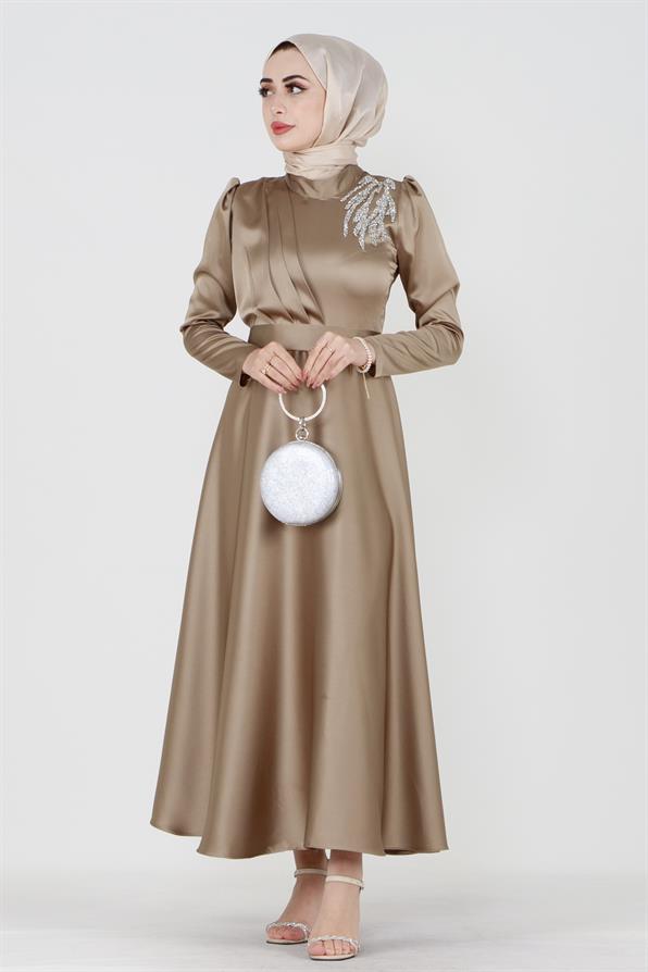 Front Stone Printed Satin Dress-Beige