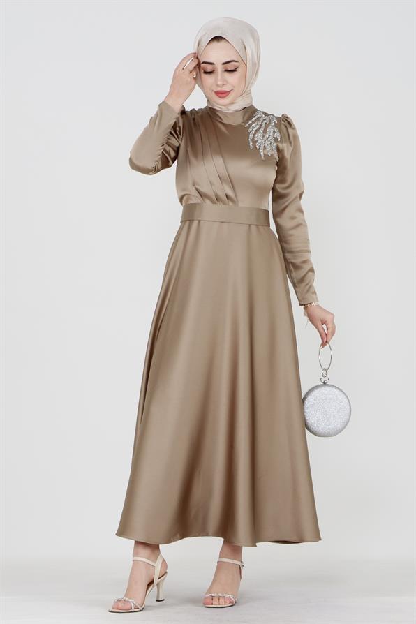 Front Stone Printed Satin Dress-Beige