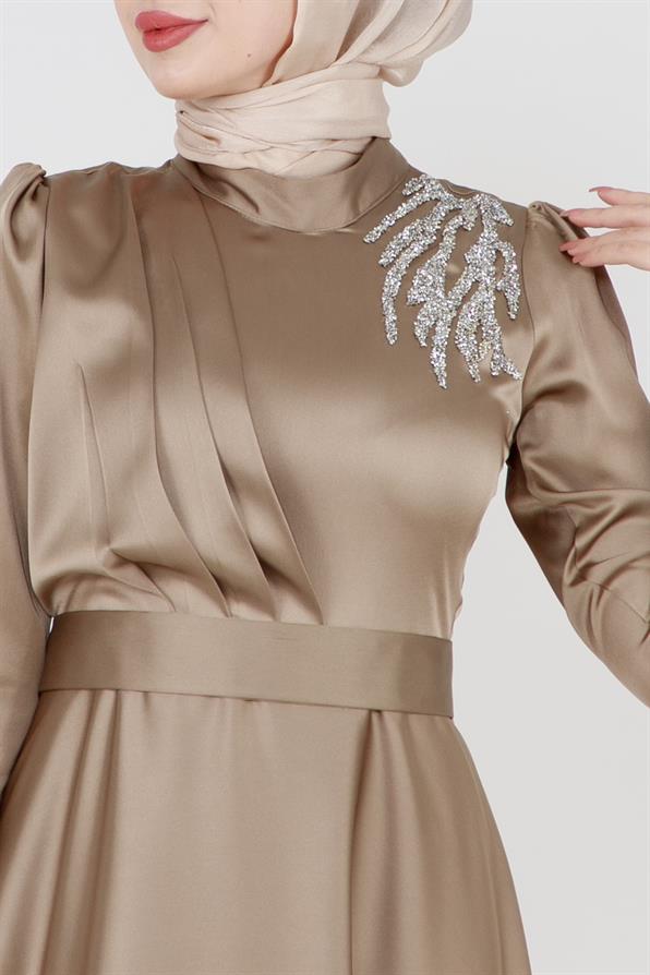 Front Stone Printed Satin Dress-Beige
