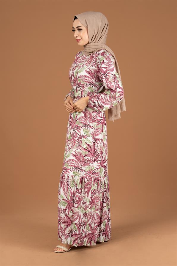 Palm Pattern Coating Viscose Belted Dress-Pink