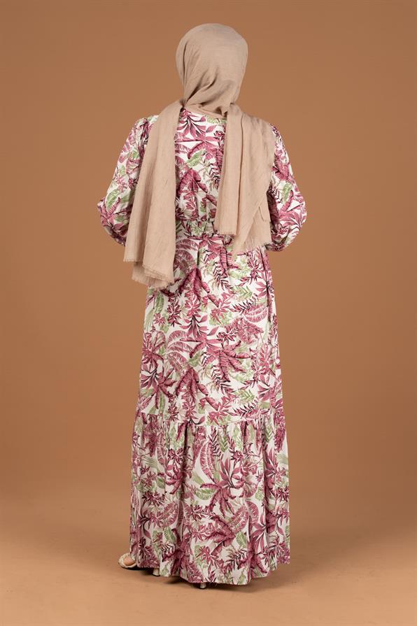 Palm Pattern Coating Viscose Belted Dress-Pink