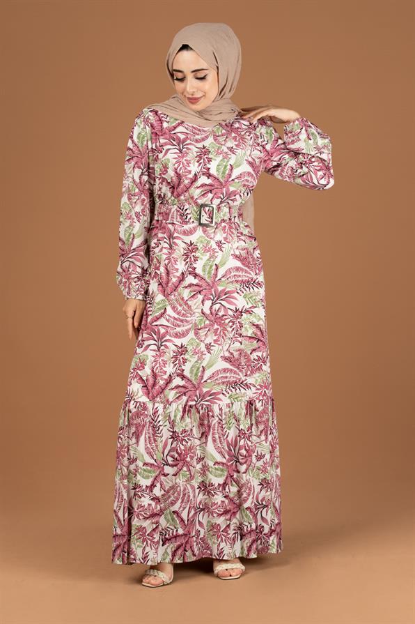 Palm Pattern Coating Viscose Belted Dress-Pink