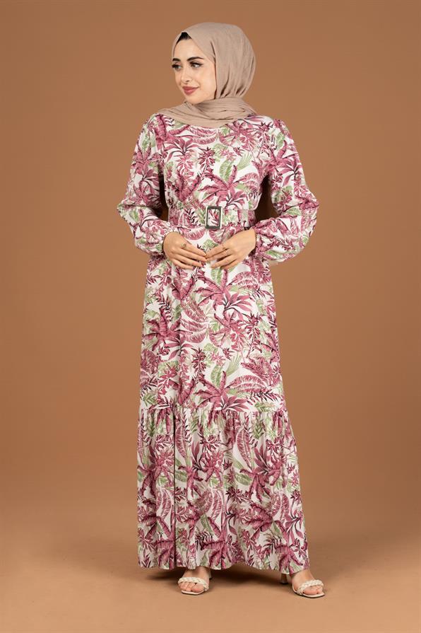 Palm Pattern Coating Viscose Belted Dress-Pink