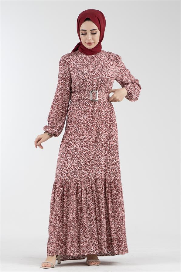 Daisy Pattern Belted Viscose Dress - Burgundy
