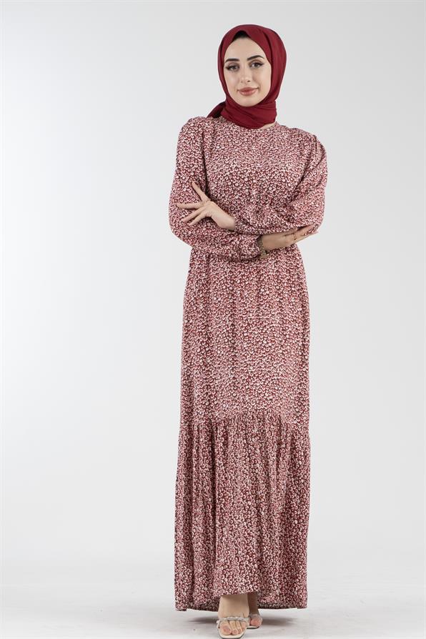 Daisy Pattern Belted Viscose Dress - Burgundy