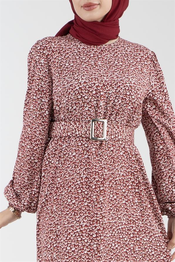 Daisy Pattern Belted Viscose Dress - Burgundy