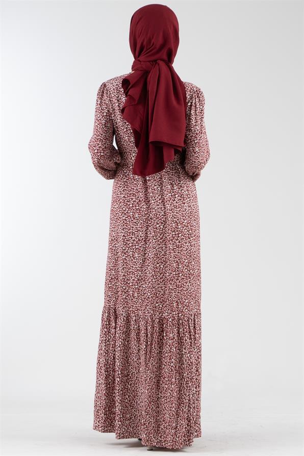 Daisy Pattern Belted Viscose Dress - Burgundy