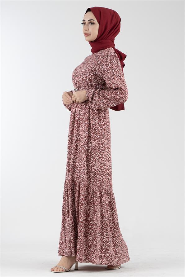 Daisy Pattern Belted Viscose Dress - Burgundy