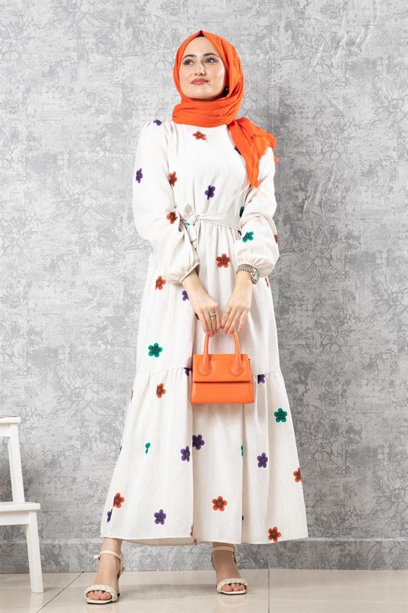 Daisy-Patterned Dress-Beige