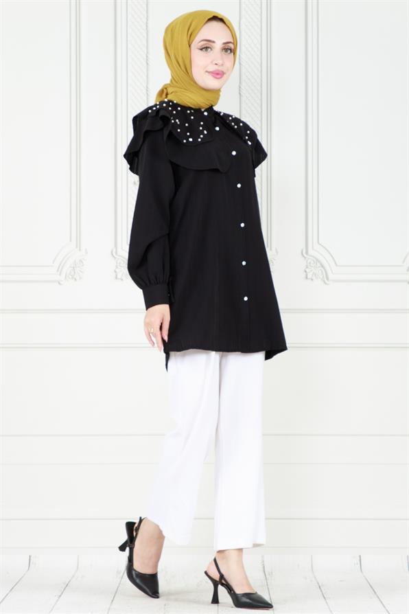 تونيك عصري بتفاصيل اللؤلو على طوق- لون اسود