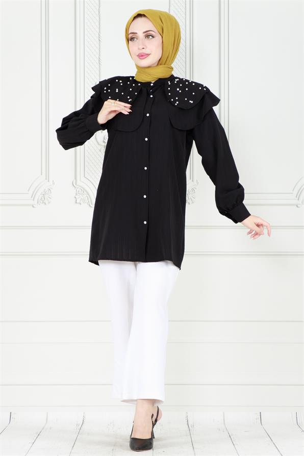 تونيك عصري بتفاصيل اللؤلو على طوق- لون اسود