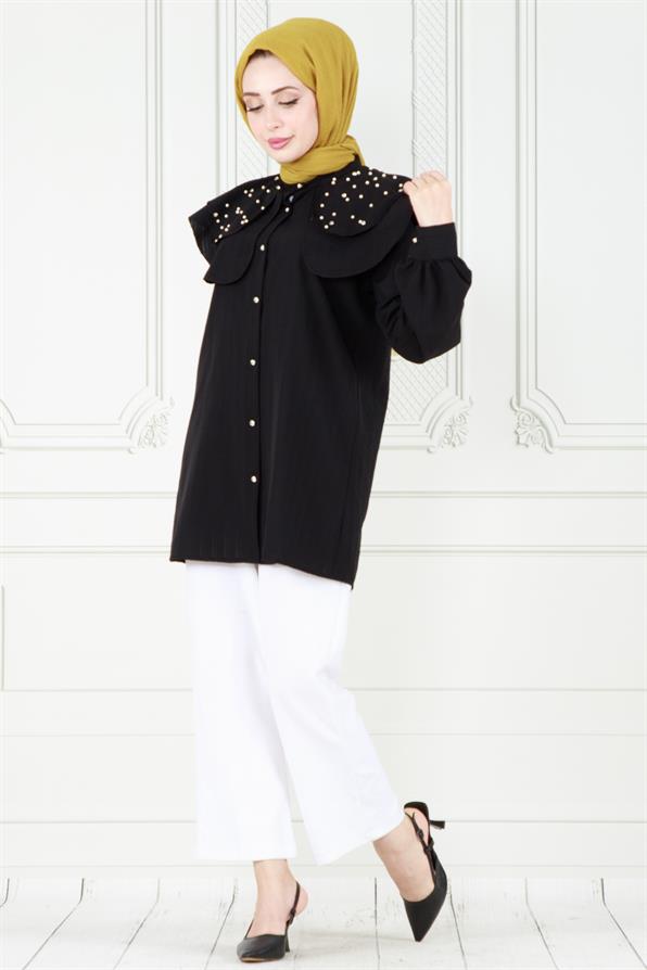 تونيك عصري بتفاصيل اللؤلو على طوق- لون اسود