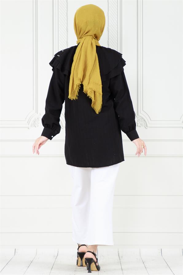 تونيك عصري بتفاصيل اللؤلو على طوق- لون اسود