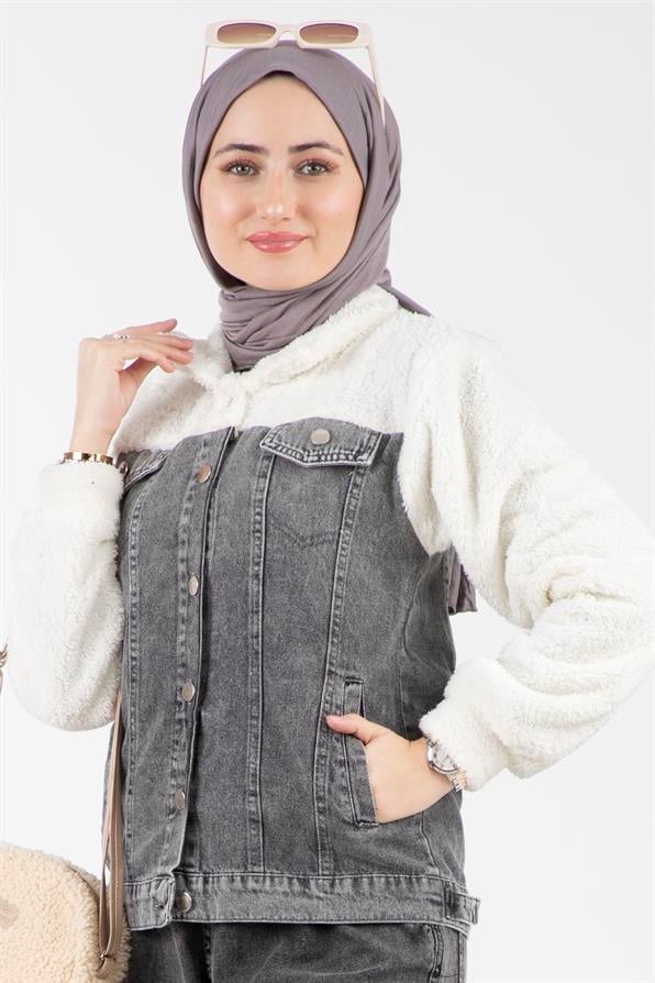 Peluş Detaylı Kot Ceket-Gri