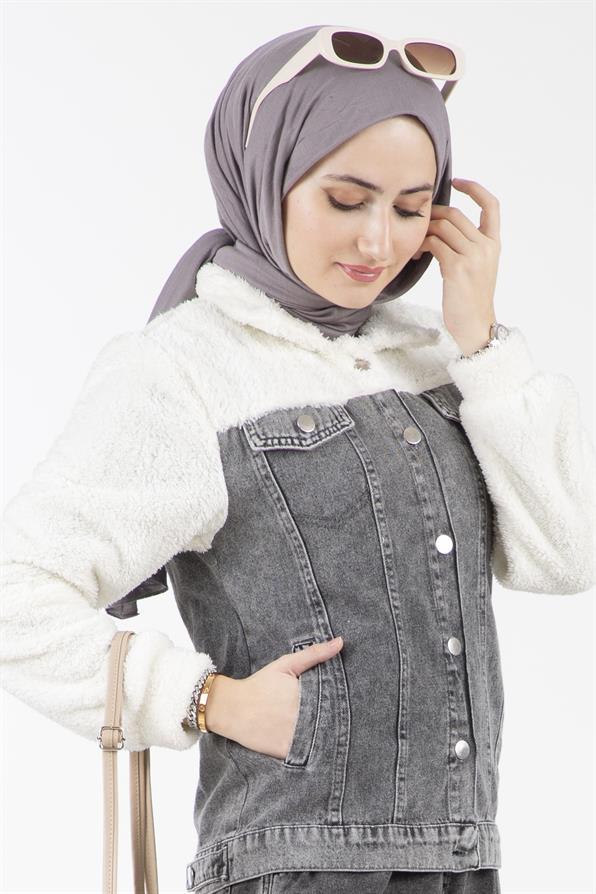 Peluş Detaylı Kot Ceket-Gri