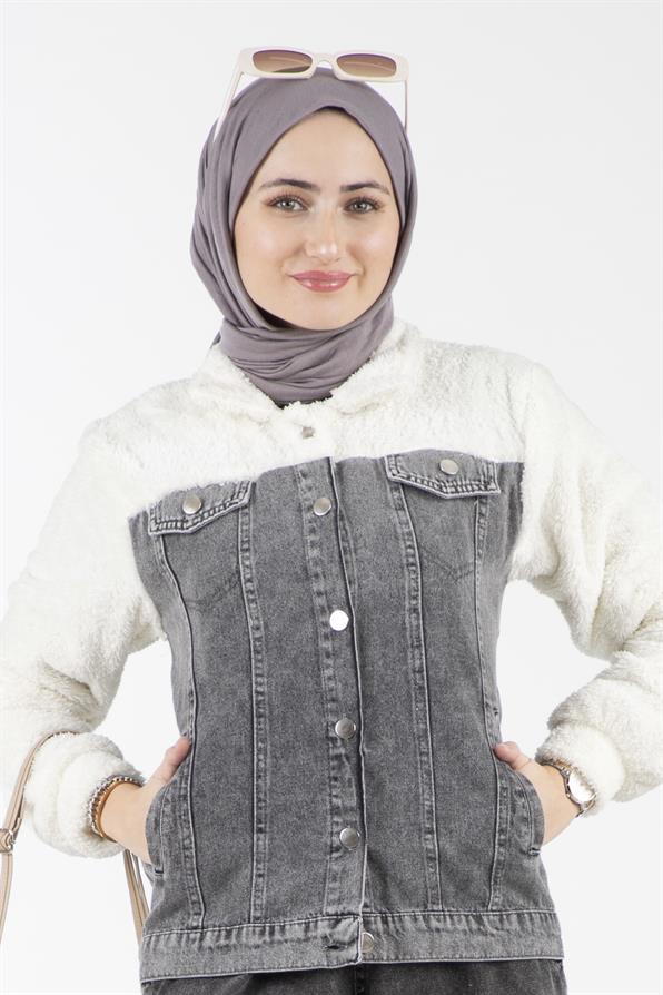 Peluş Detaylı Kot Ceket-Gri