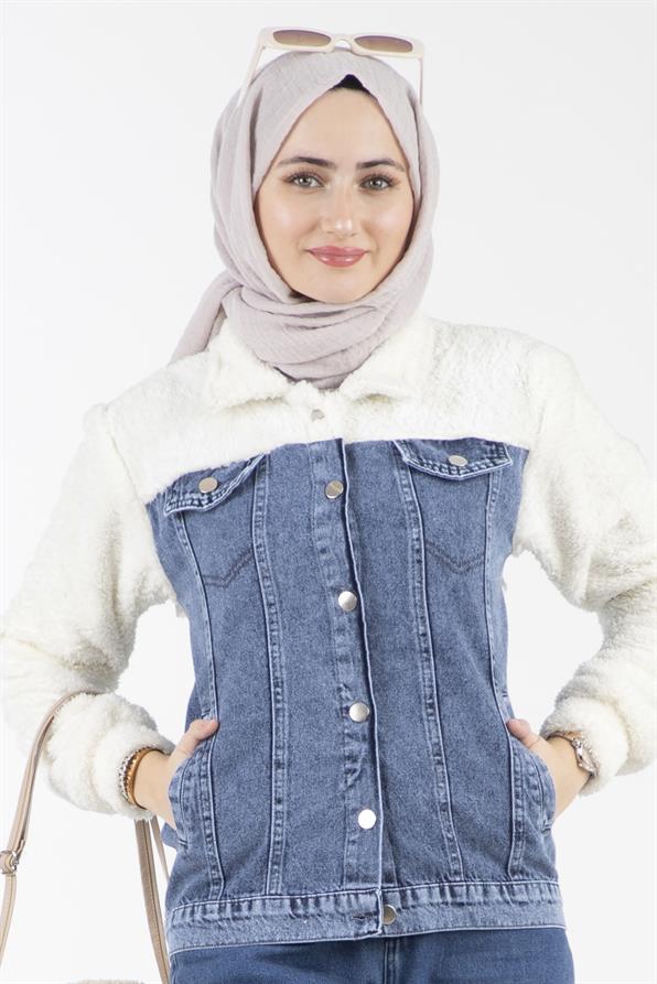 Peluş Detaylı Kot Ceket-Mavi