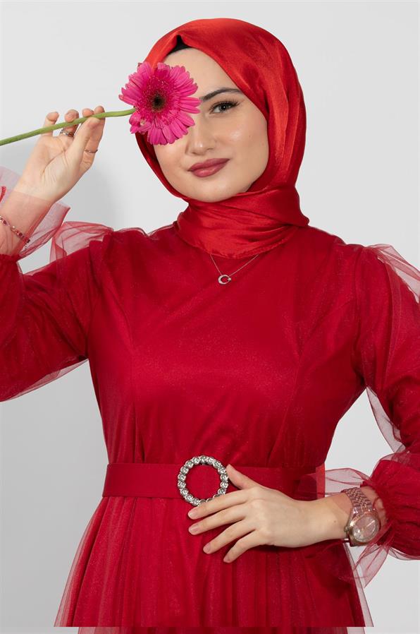 فستان السهرةعباية موديل الحورية-اللون الأحمر الفاتح
