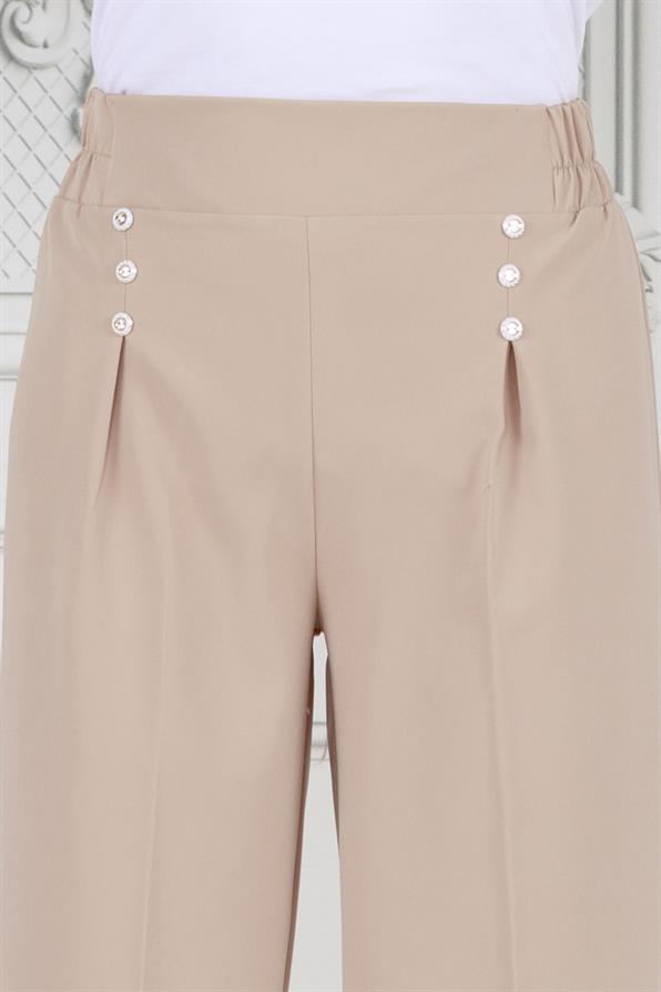 Pile Detaylı Üç Düğmeli Pantolon-Bej