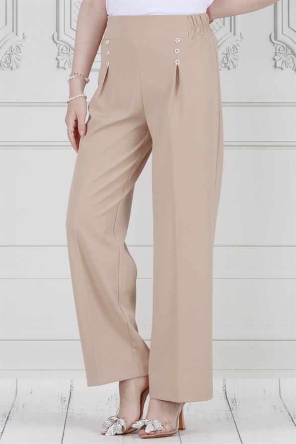 Pile Detaylı Üç Düğmeli Pantolon-Bej