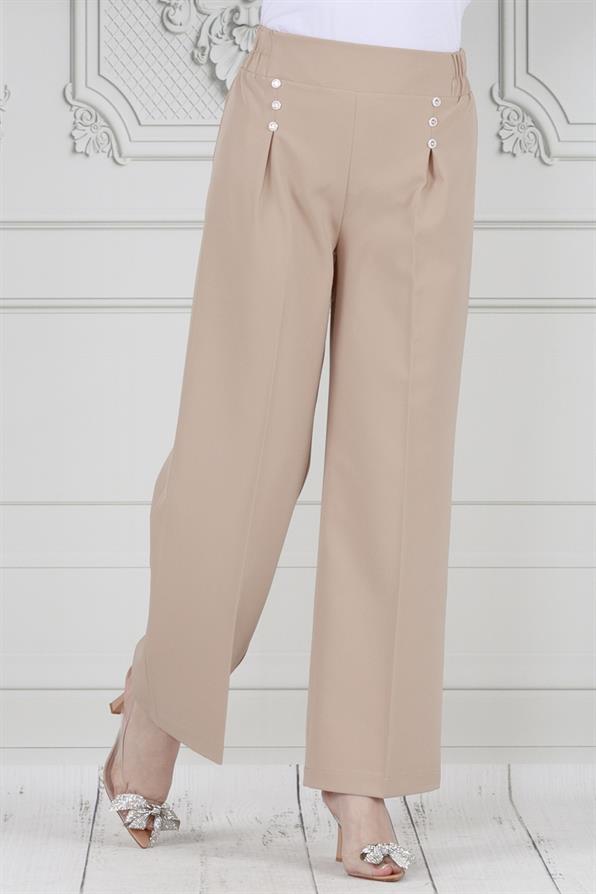 Pile Detaylı Üç Düğmeli Pantolon-Bej