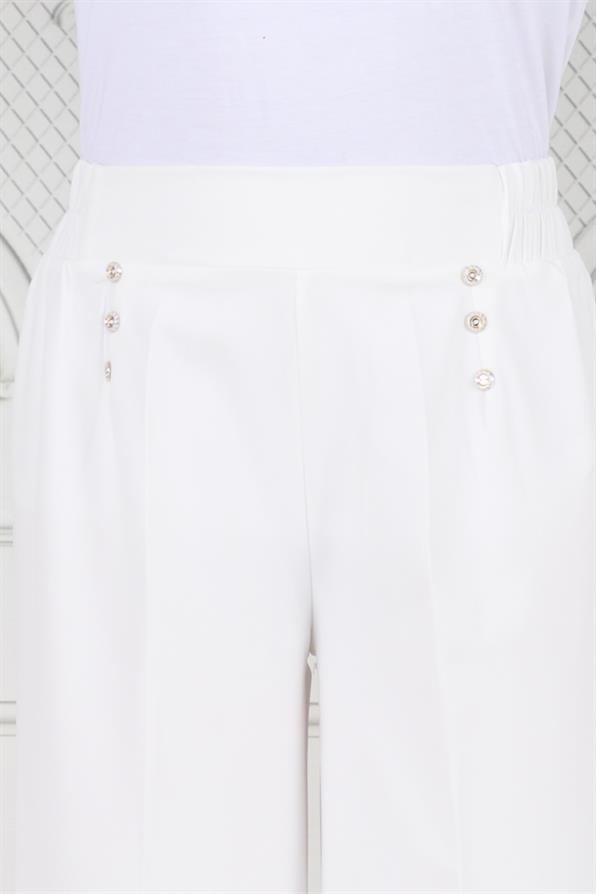 Pile Detaylı Üç Düğmeli Pantolon-Beyaz