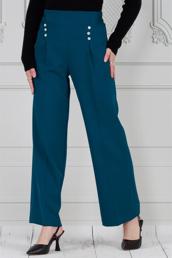 بنطلون بثلاثة أزرار-  مفصل بطيات -لون بترولي