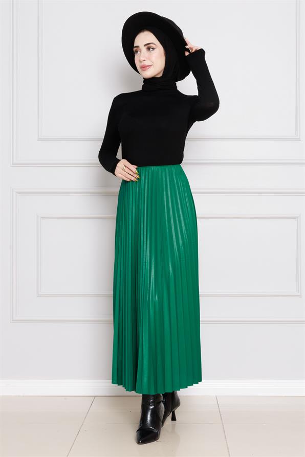 تنورة بطيات مفصلة- أخضر اللون