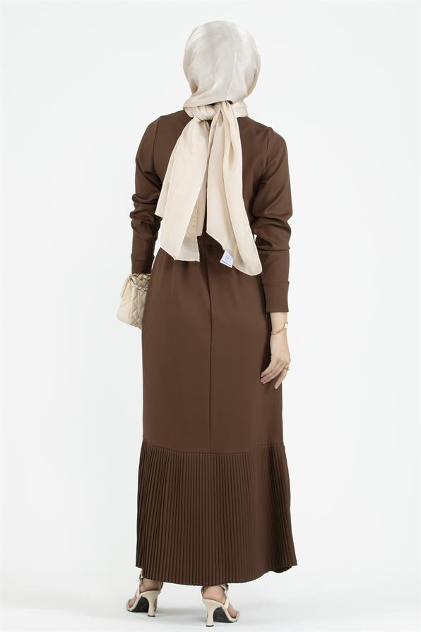 Pleated Detail Belted Dress - Brown