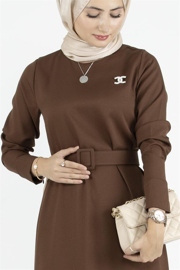 Pleated Detail Belted Dress - Brown
