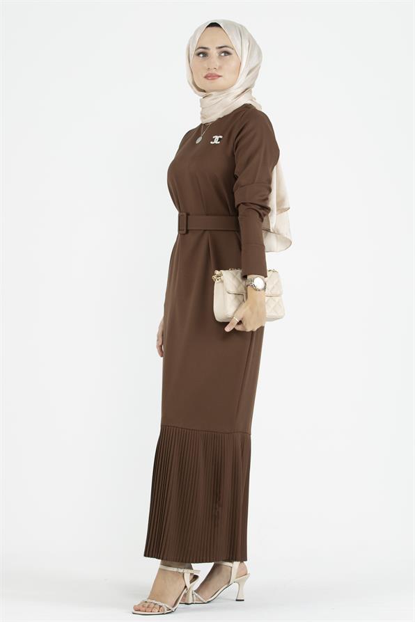 Pleated Detail Belted Dress - Brown