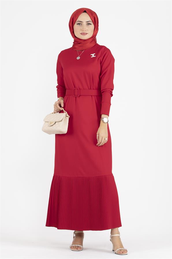Pleated Detail Belted Dress - Red