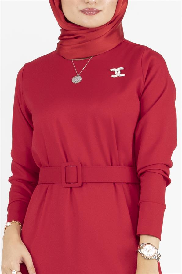 Pleated Detail Belted Dress - Red