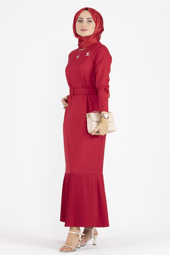 Pleated Detail Belted Dress - Red