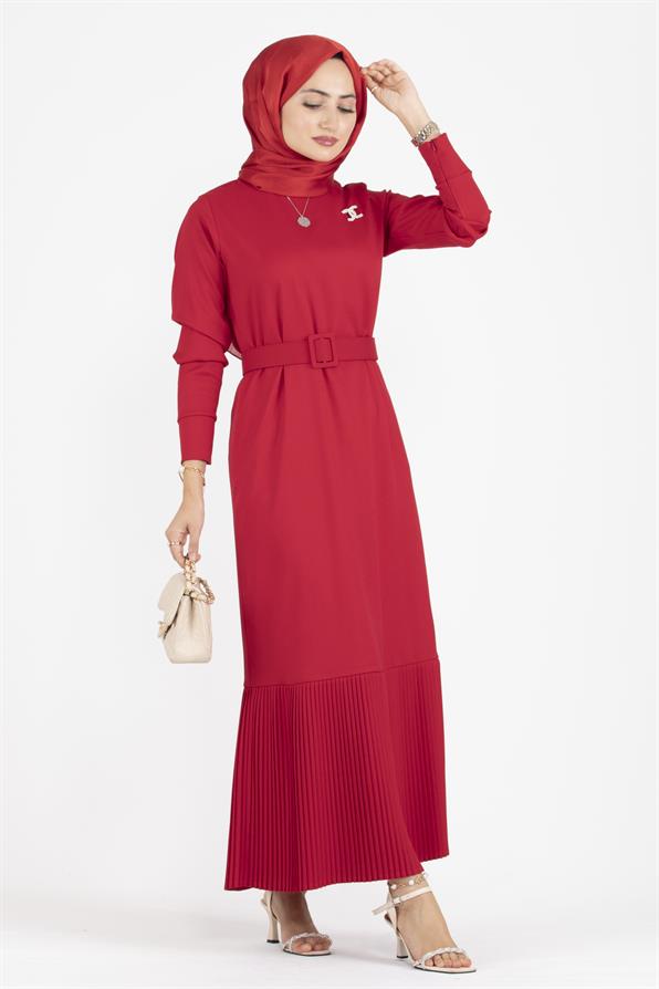Pleated Detail Belted Dress - Red