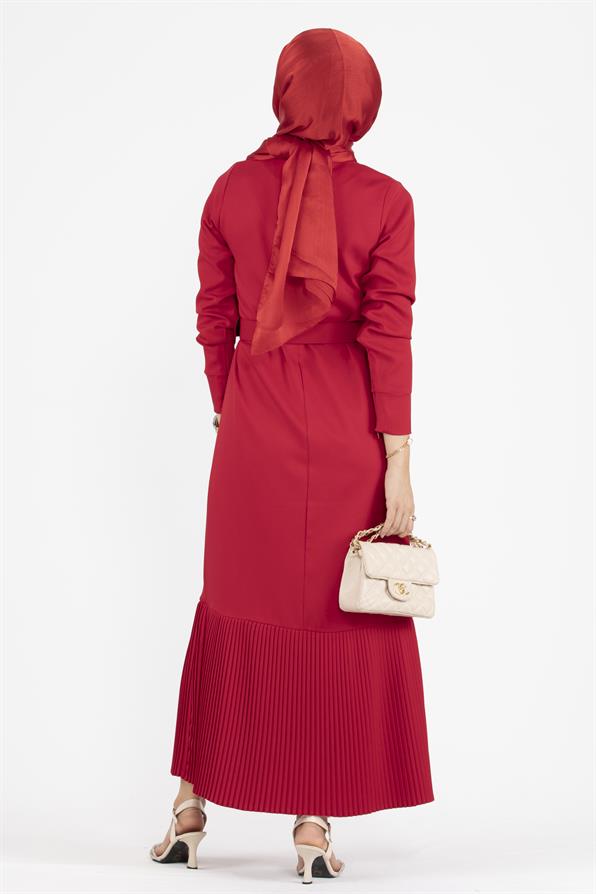 Pleated Detail Belted Dress - Red