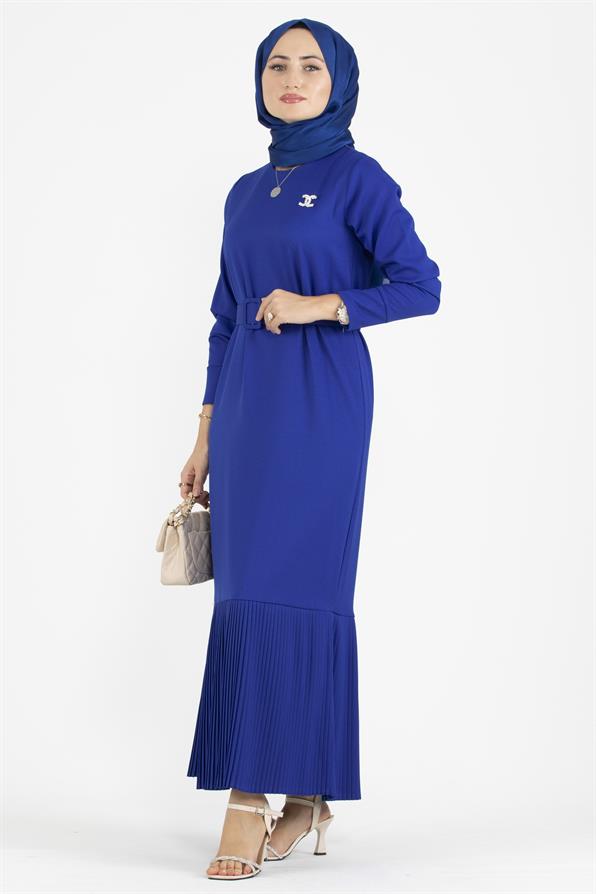 Pleated Detail Belted Dress-Saxe Blue