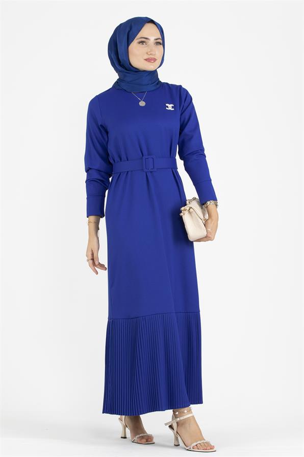 Pleated Detail Belted Dress-Saxe Blue