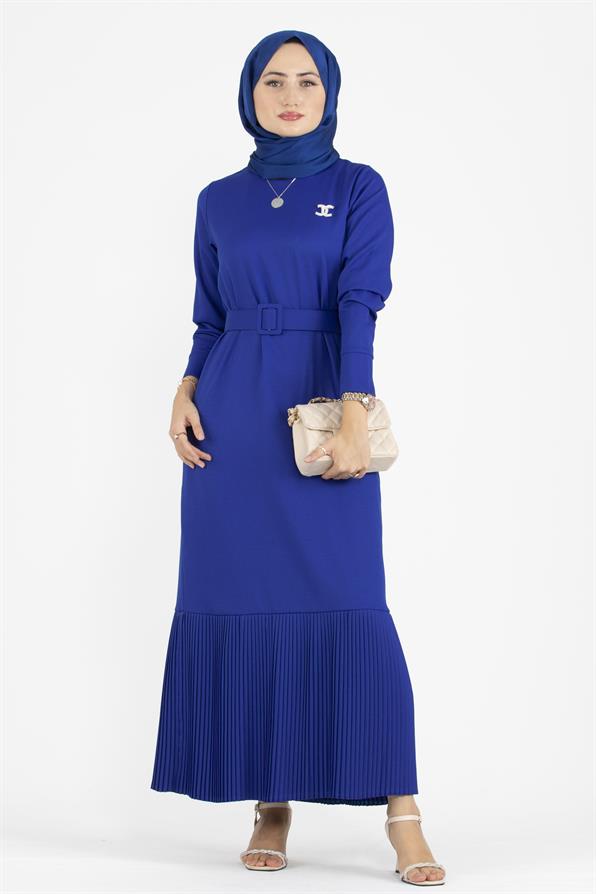 Pleated Detail Belted Dress-Saxe Blue